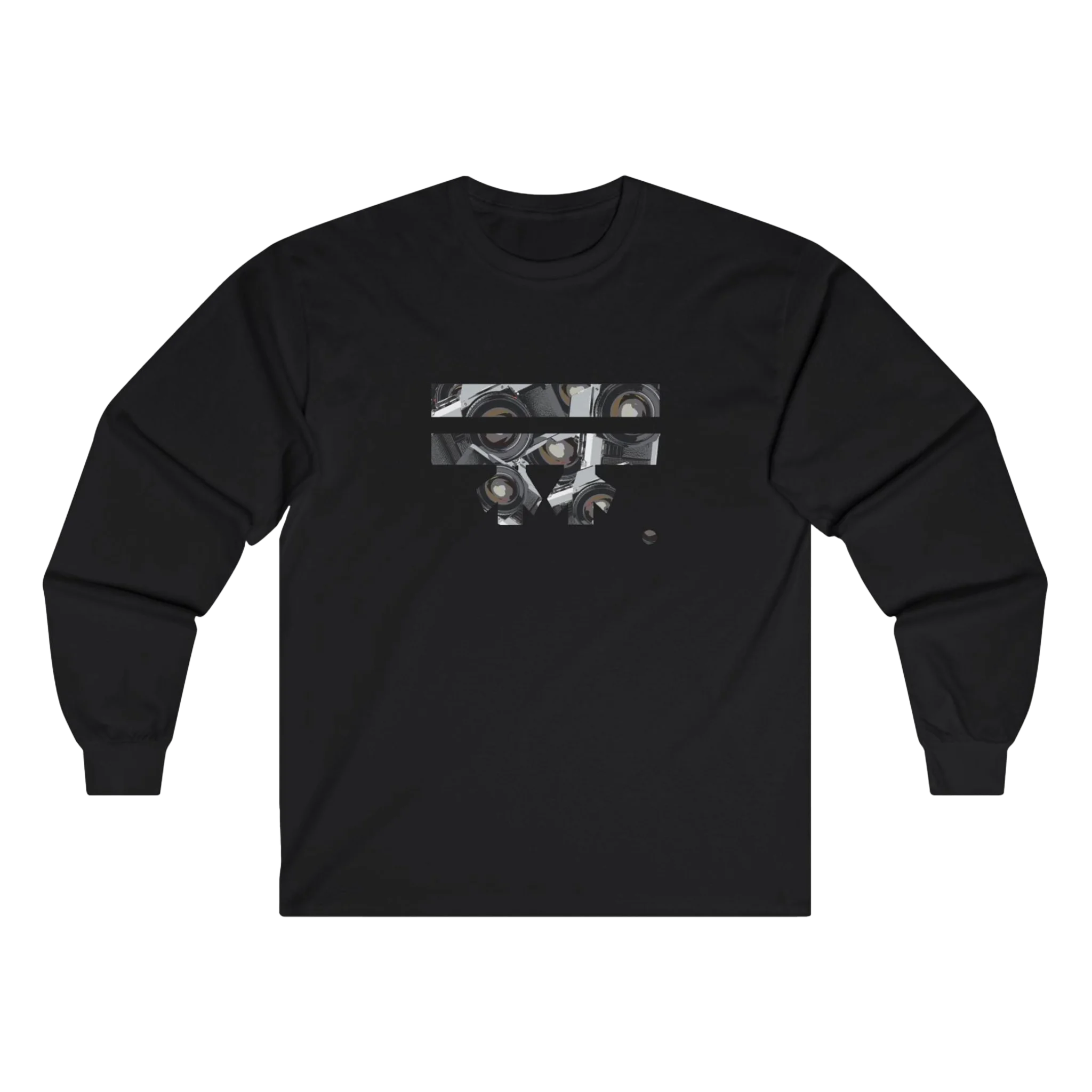 Black Retro Camera FREEBRD logo long sleeve tee, retro camera lens collage, crew neck, front view.