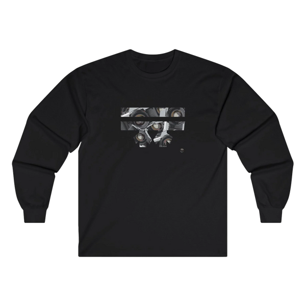 Black Retro Camera FREEBRD logo long sleeve tee, retro camera lens collage, crew neck, front view.