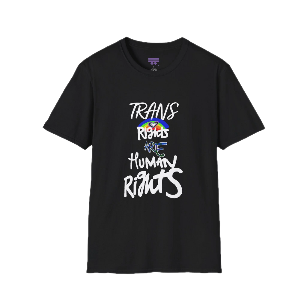 A black Trans Rights Are Human Rights T-Shirt — hand-lettered rainbow graphic, front preview — LGBTQ pride tee.