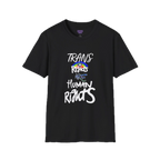 A black Trans Rights Are Human Rights T-Shirt — hand-lettered rainbow graphic, front preview — LGBTQ pride tee.