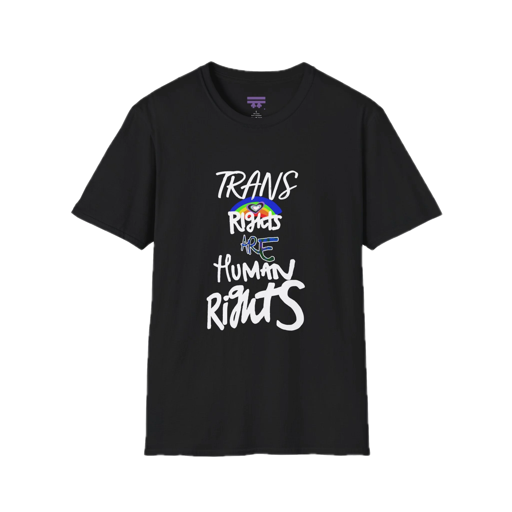 A black Trans Rights Are Human Rights T-Shirt — hand-lettered rainbow graphic, front preview — LGBTQ pride tee.