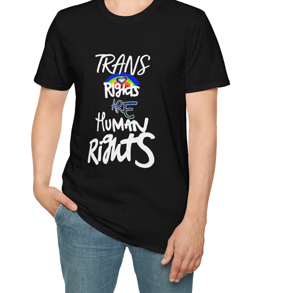 A person wearing the Black Trans Rights Are Human Rights T-Shirt — hand-lettered rainbow graphic, front preview — LGBTQ pride tee.