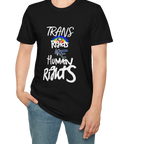 A person wearing the Black Trans Rights Are Human Rights T-Shirt — hand-lettered rainbow graphic, front preview — LGBTQ pride tee.