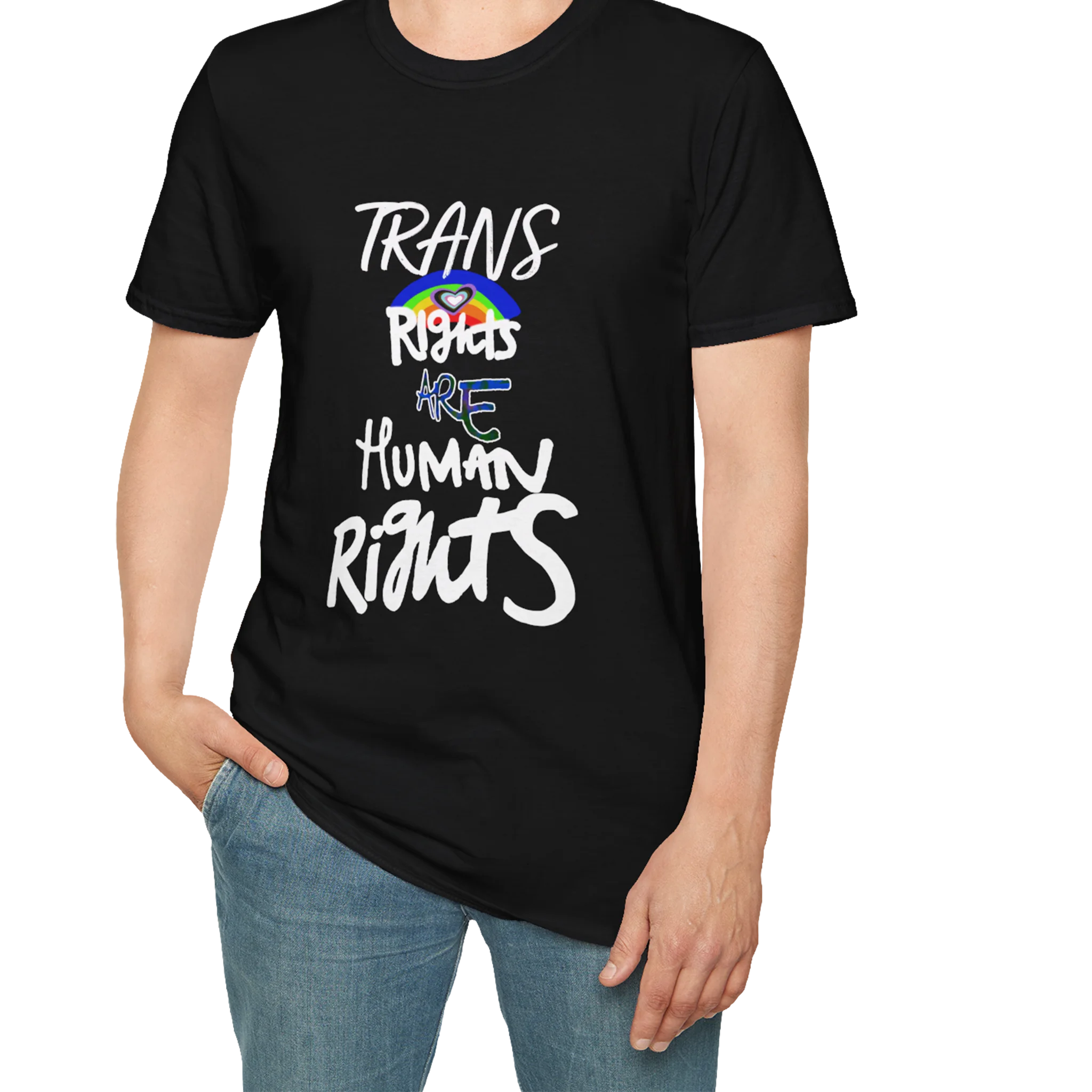 A person wearing the Black Trans Rights Are Human Rights T-Shirt — hand-lettered rainbow graphic, front preview — LGBTQ pride tee.
