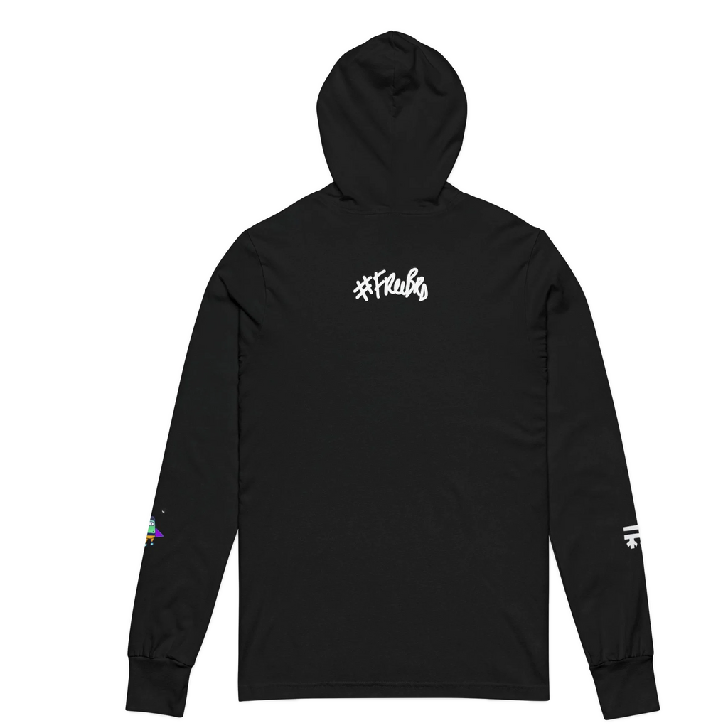 Black hooded long sleeve tee, white FREEBRD script back graphic, space flight alien astronaut sleeve detail, back view.