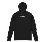 Black hooded long sleeve tee, white FREEBRD script back graphic, space flight alien astronaut sleeve detail, back view.