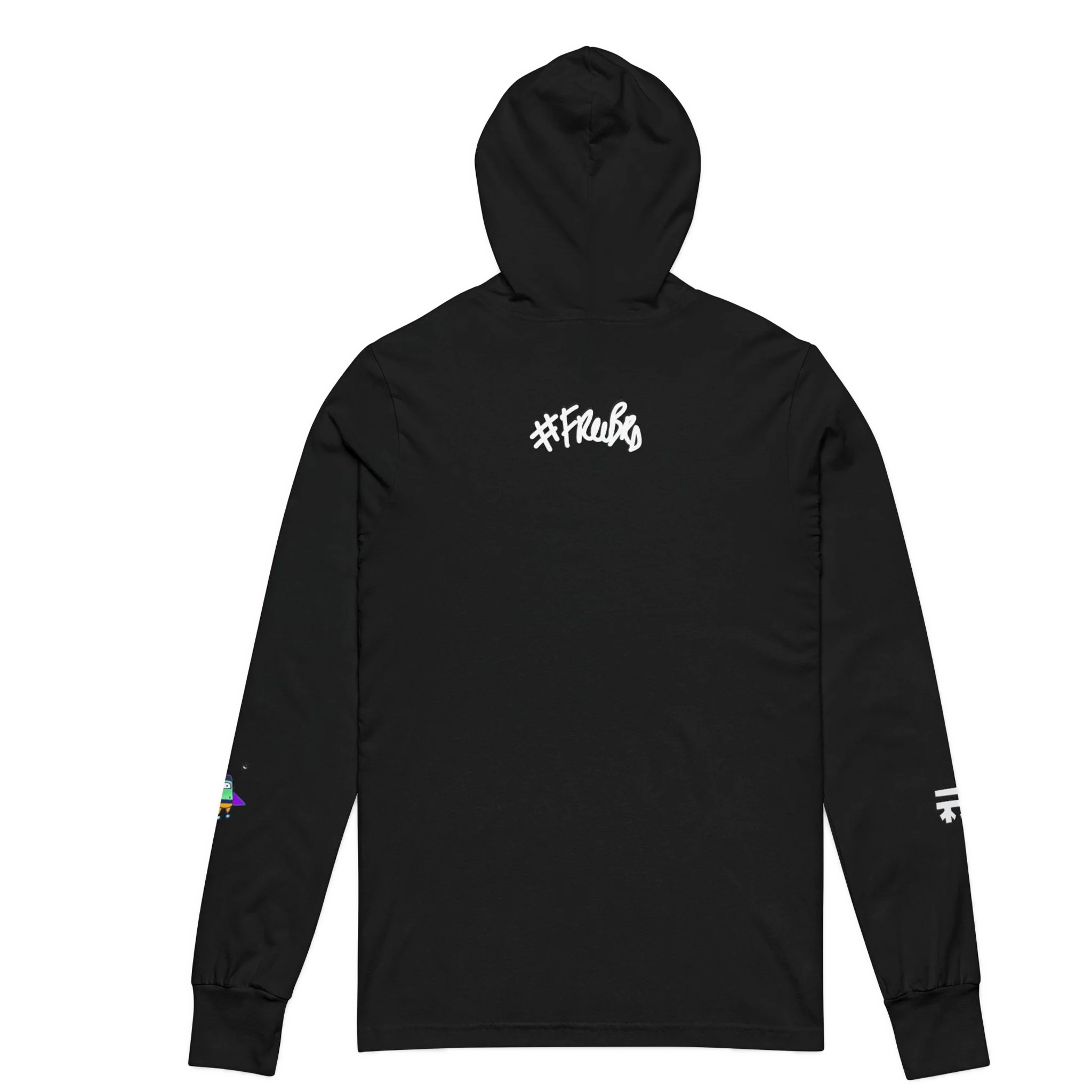 Black hooded long sleeve tee, white FREEBRD script back graphic, space flight alien astronaut sleeve detail, back view.