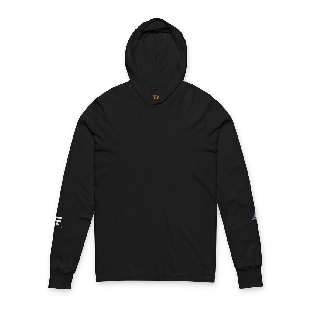 Black hooded long sleeve tee, crossover V-neckline, space flight graphic on left sleeve, FREEBRD icon on right sleeve, front view.