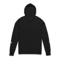 Black hooded long sleeve tee, crossover V-neckline, space flight graphic on left sleeve, FREEBRD icon on right sleeve, front view.