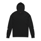 Black hooded long sleeve tee, crossover V-neckline, space flight graphic on left sleeve, FREEBRD icon on right sleeve, front view.