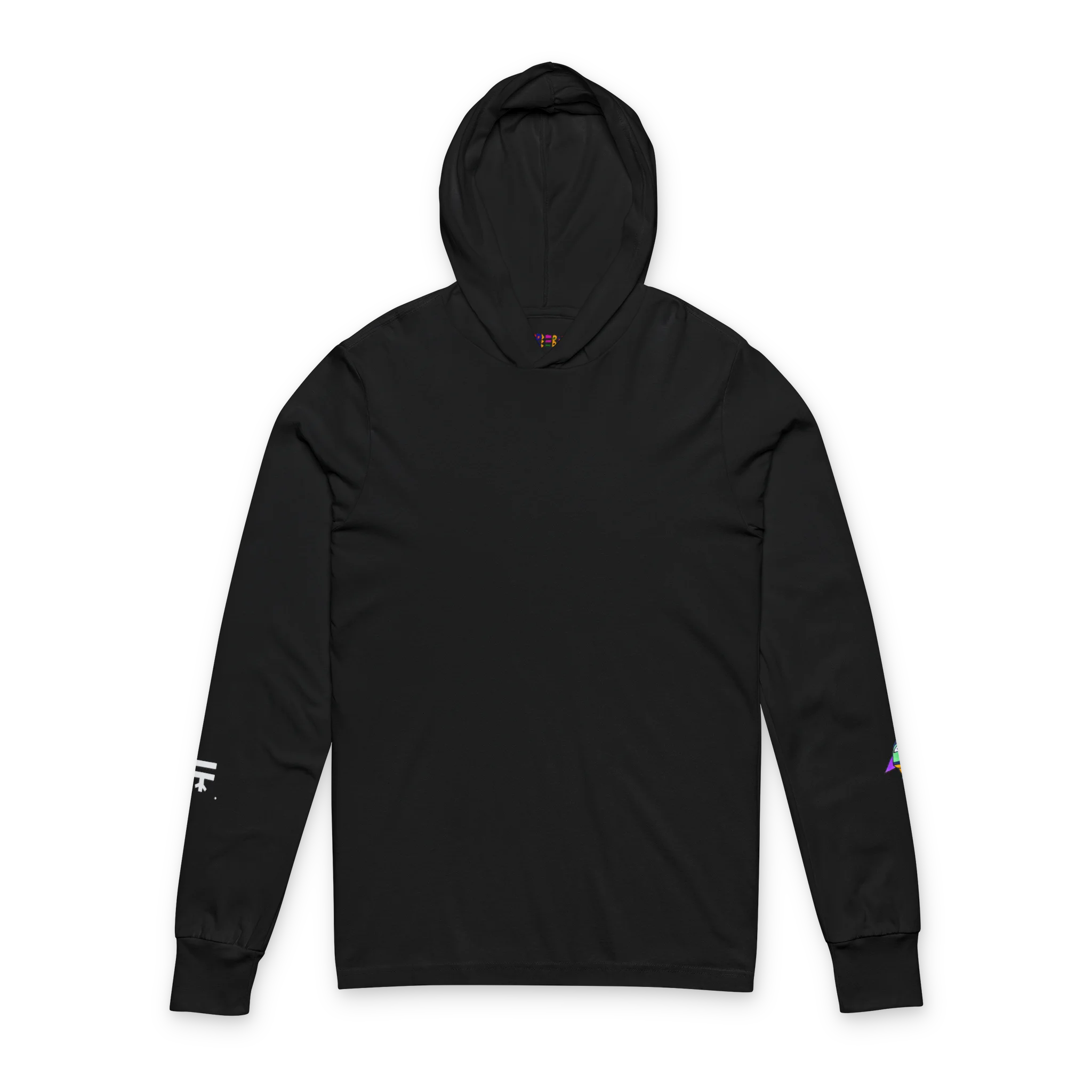 Black hooded long sleeve tee, crossover V-neckline, space flight graphic on left sleeve, FREEBRD icon on right sleeve, front view.