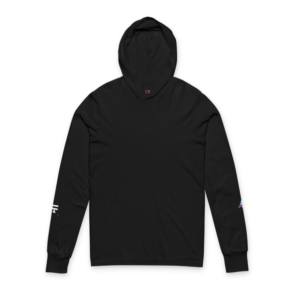 Black hooded long sleeve tee, crossover V-neckline, space flight graphic on left sleeve, FREEBRD icon on right sleeve, front view.