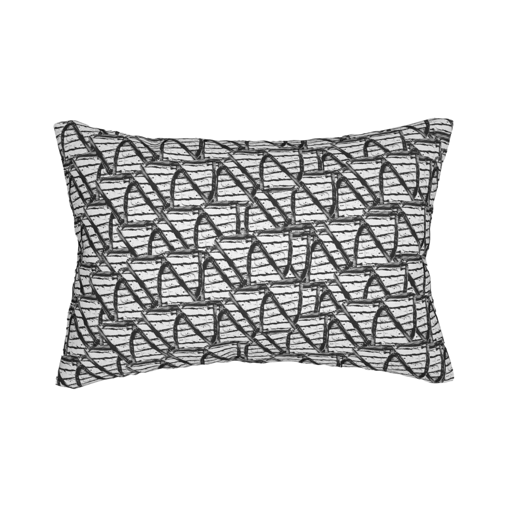 Black white modern geometric abstract lumbar pillow, back view.