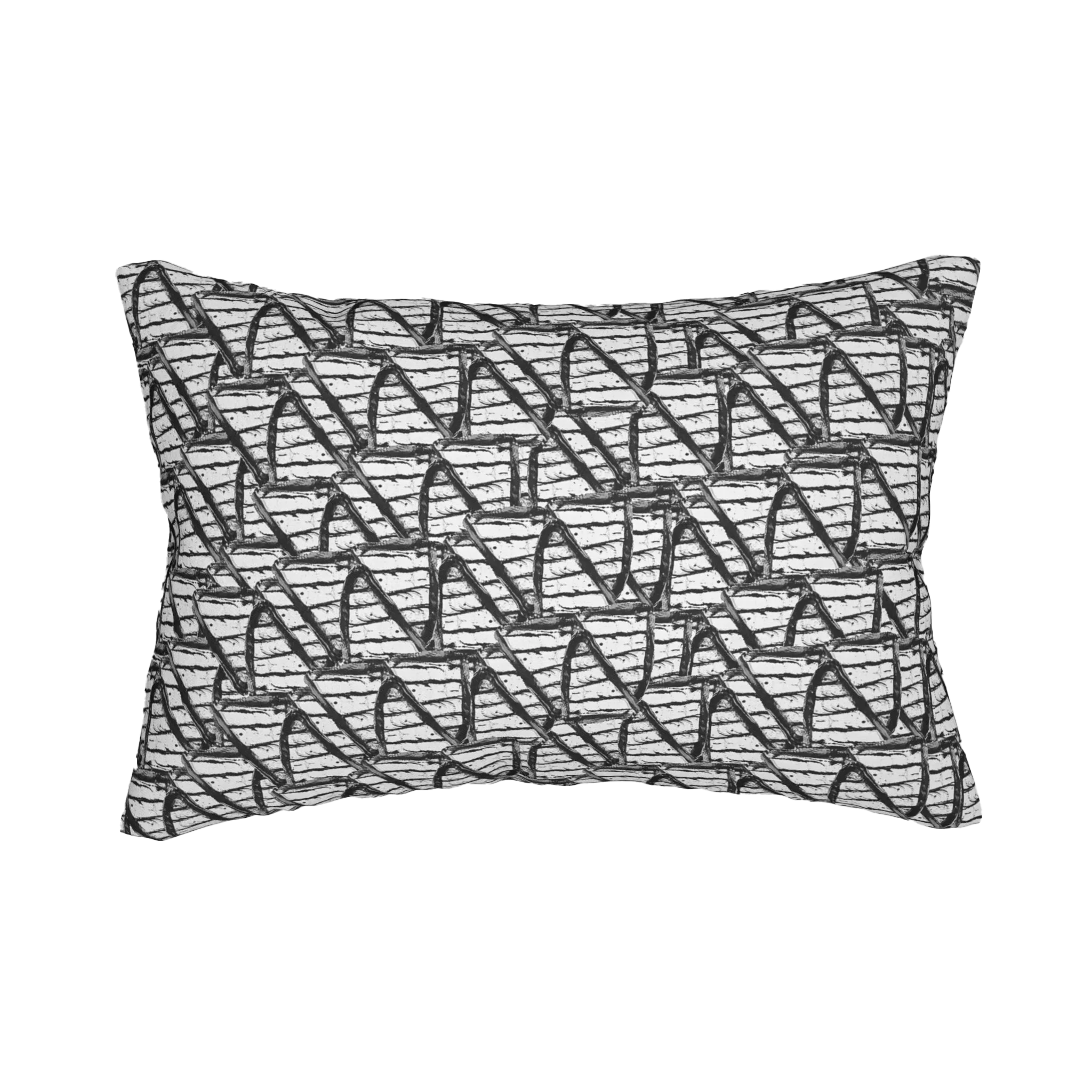 Black white modern geometric abstract lumbar pillow, back view.