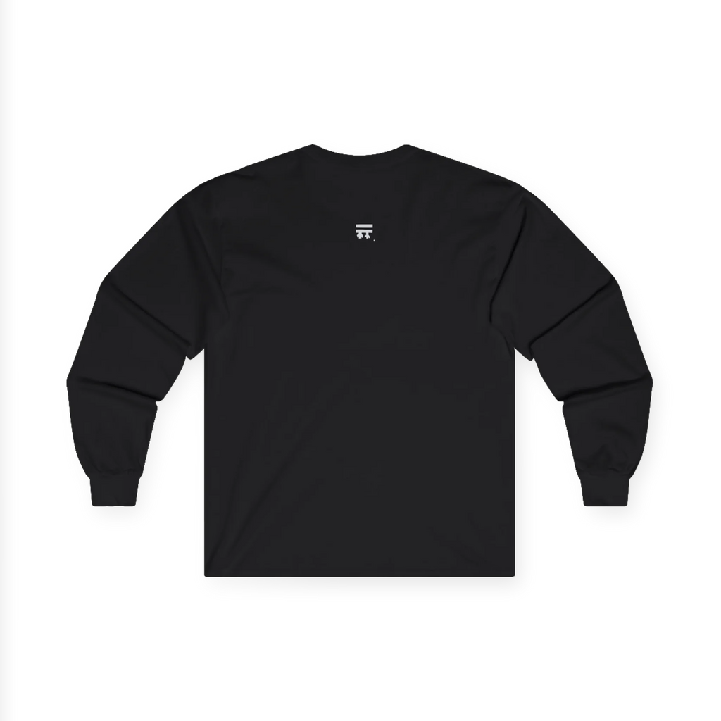 Black Women's Rights long sleeve tee, handwritten Womens Rights Are Human Rights graphic, crew neck, back view.