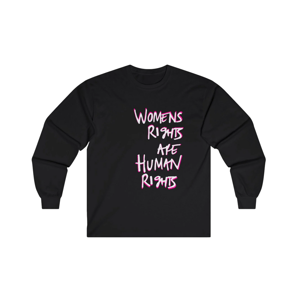Black Women's Rights long sleeve tee, handwritten Womens Rights Are Human Rights graphic, crew neck, front view.