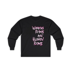Black Women's Rights long sleeve tee, handwritten Womens Rights Are Human Rights graphic, crew neck, front view.