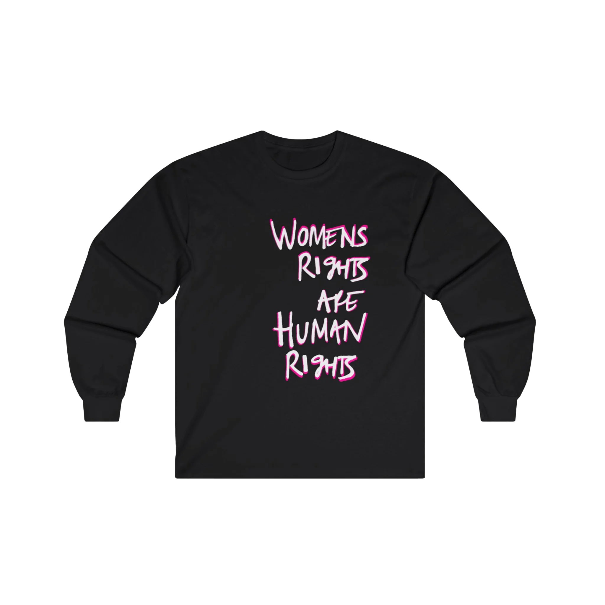 Black Women's Rights long sleeve tee, handwritten Womens Rights Are Human Rights graphic, crew neck, front view.