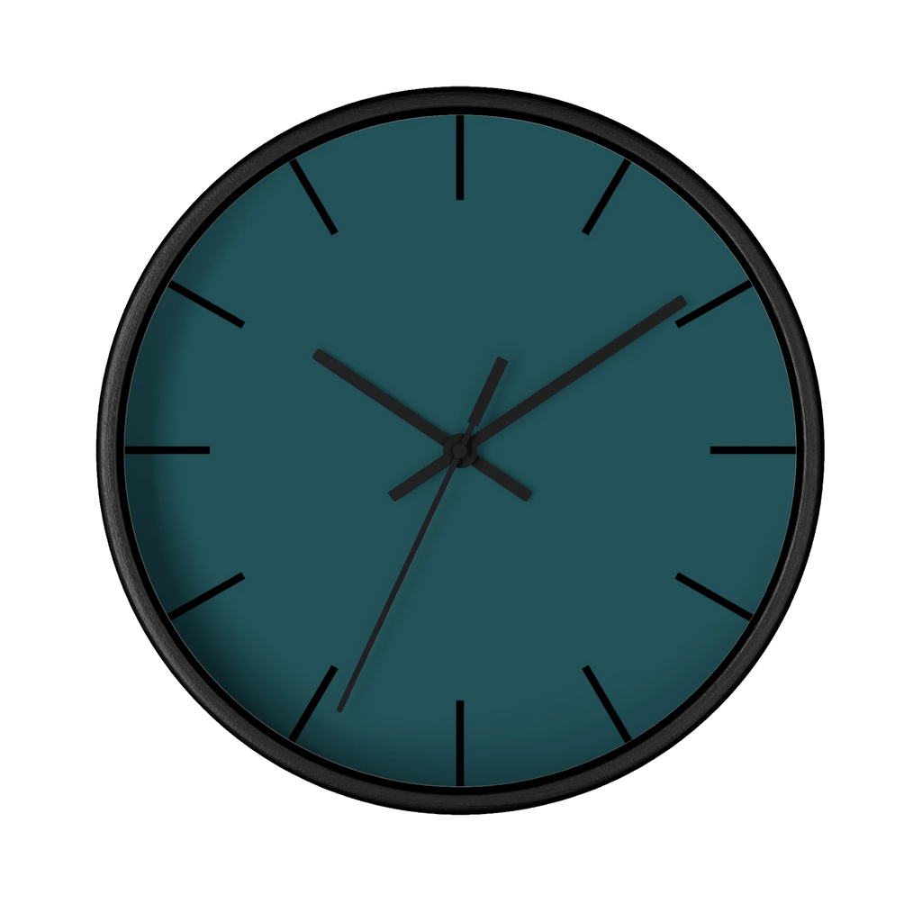 Abstract teal silent wall clock, black base, black hands, black markers, 10 inch, front view.