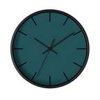 Abstract teal silent wall clock, black base, black hands, black markers, 10 inch, front view.