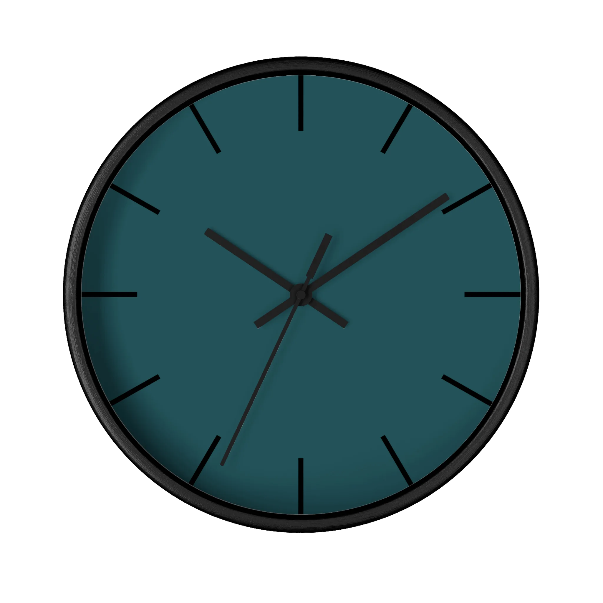 Abstract teal silent wall clock, black base, black hands, black markers, 10 inch, front view.