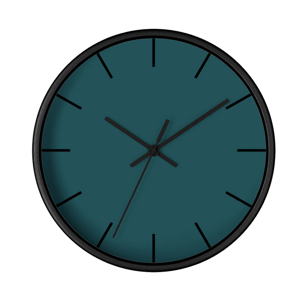 Abstract teal silent wall clock, black base, black hands, black markers, 10 inch, front view.
