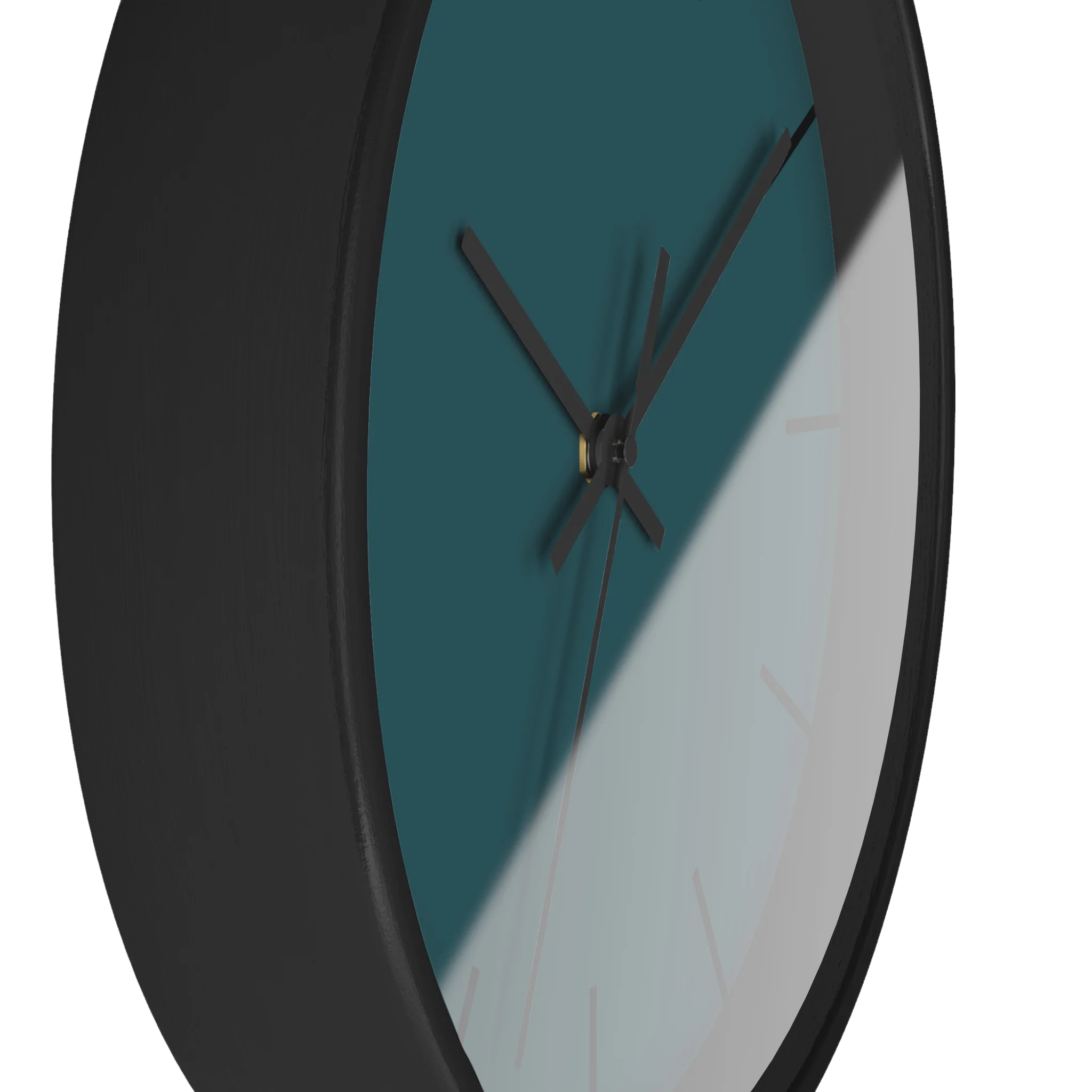Abstract teal silent wall clock, black base, black hands, black markers, 10 inch, side view.