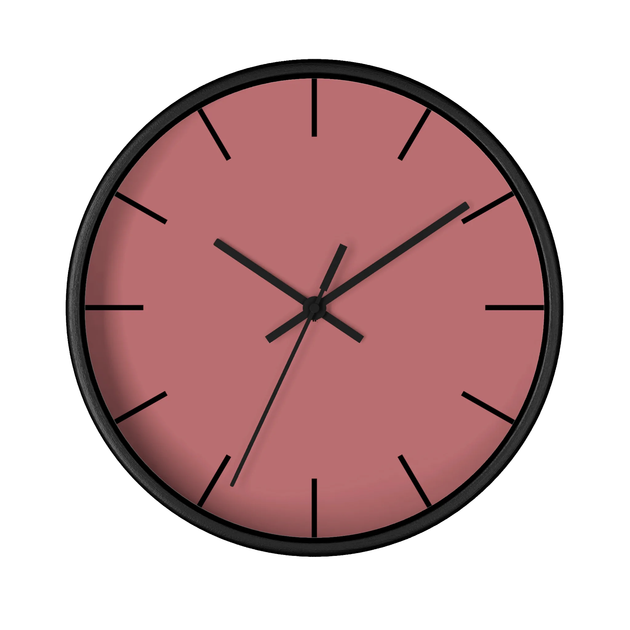 Adore pink silent wall clock, black base, black hands, black markers, 10 inch, front view.
