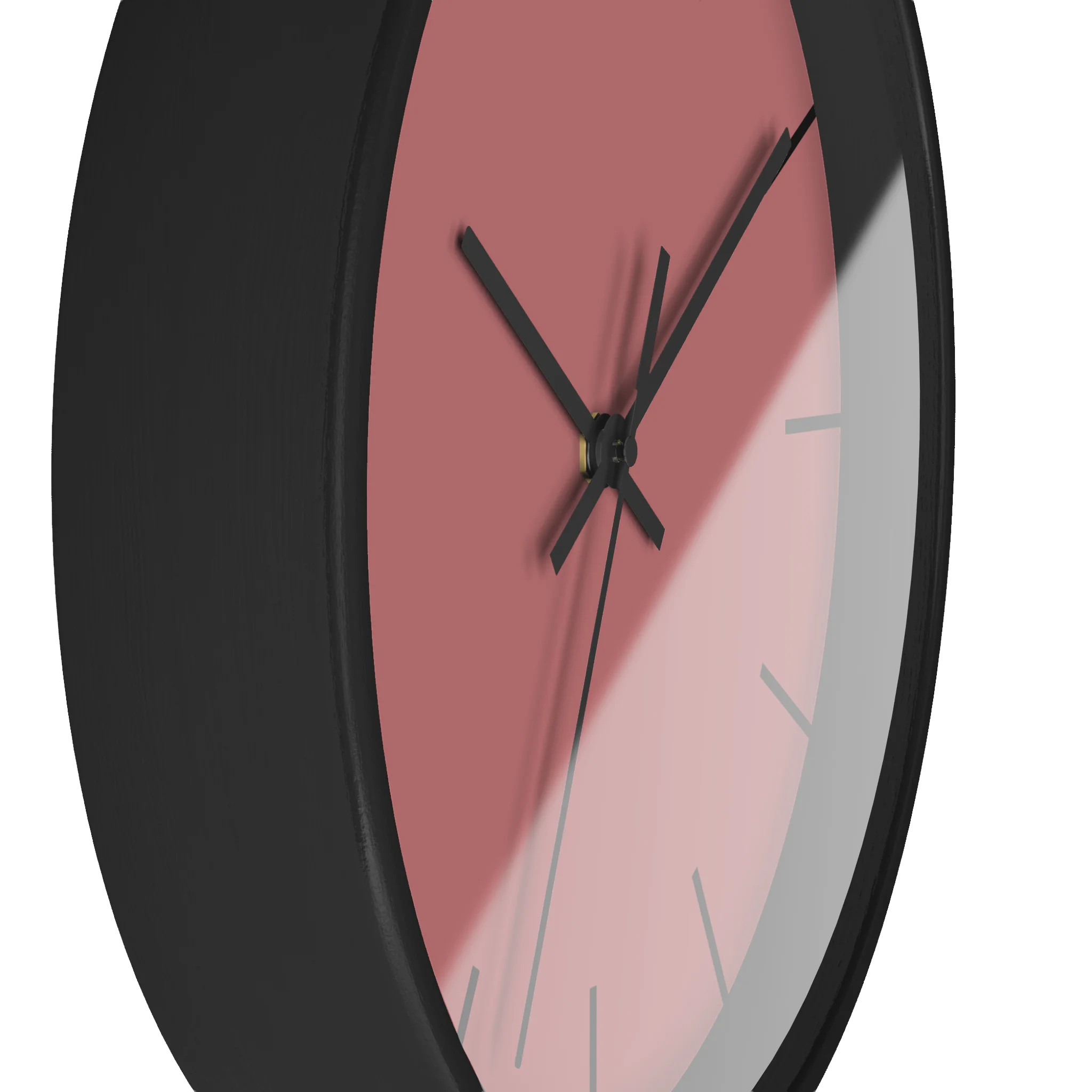 Adore pink silent wall clock, black base, black hands, black markers, 10 inch, side view.