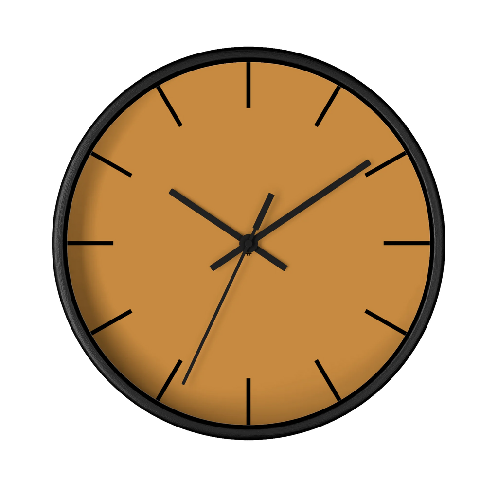 Amber apple cider silent wall clock, black base, black hands, black markers, 10 inch, front view.