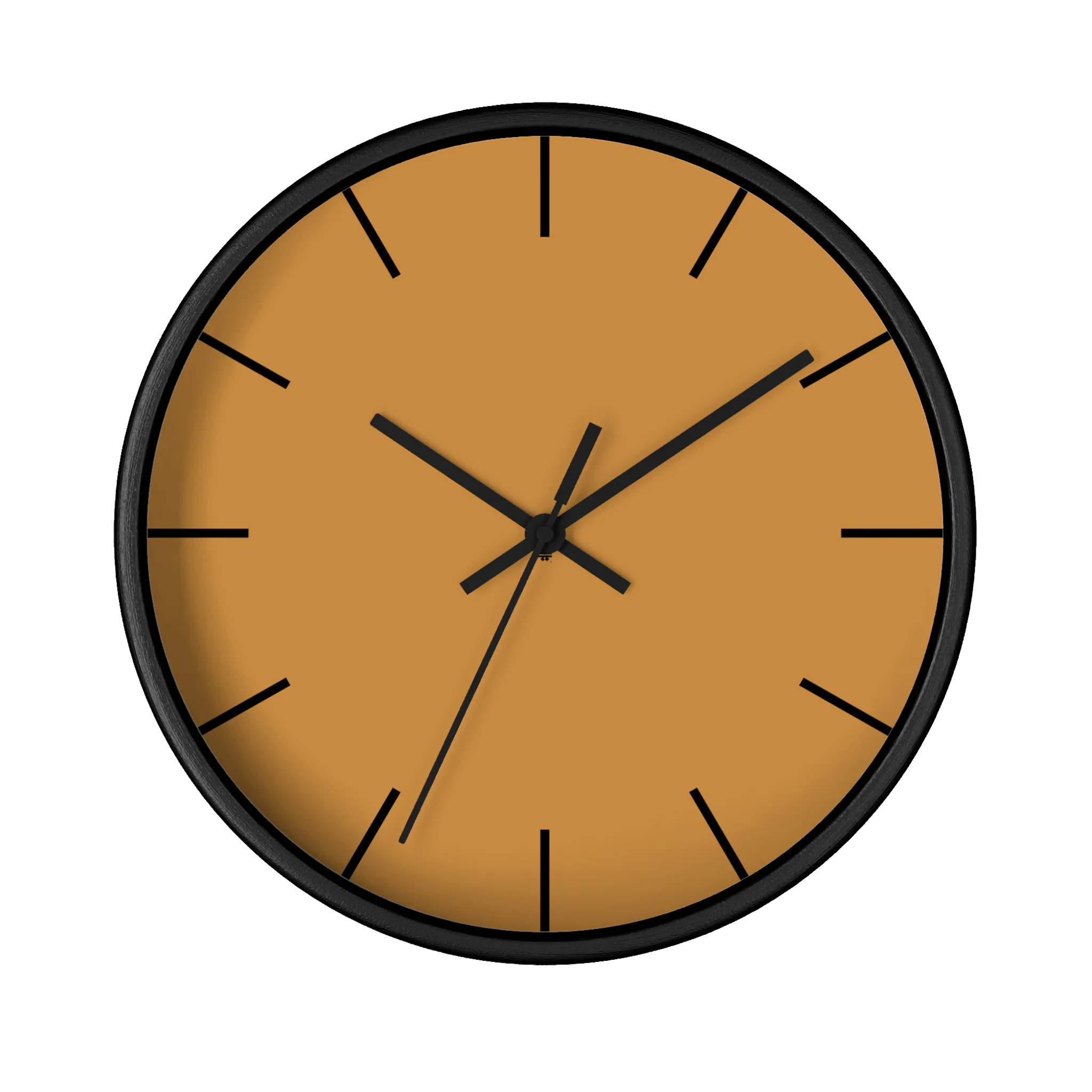 Amber apple cider silent wall clock, black base, black hands, black markers, 10 inch, front view.
