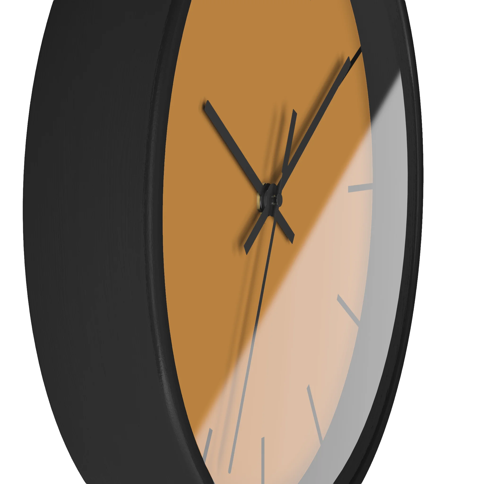 Amber apple cider silent wall clock, black base, black hands, black markers, 10 inch, side view.