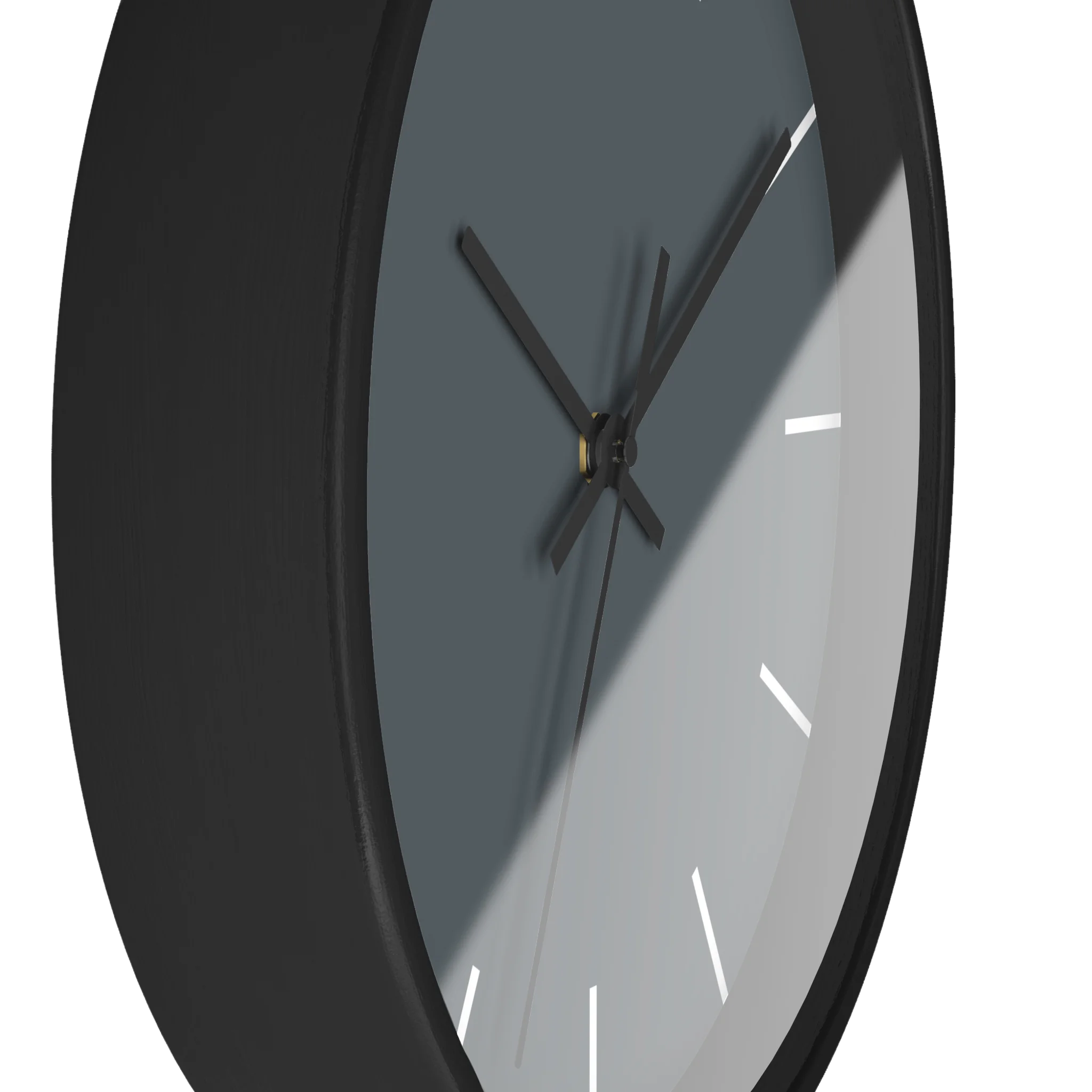 Anchor grey slate silent wall clock, black base, black hands, white markers, 10 inch, side view.