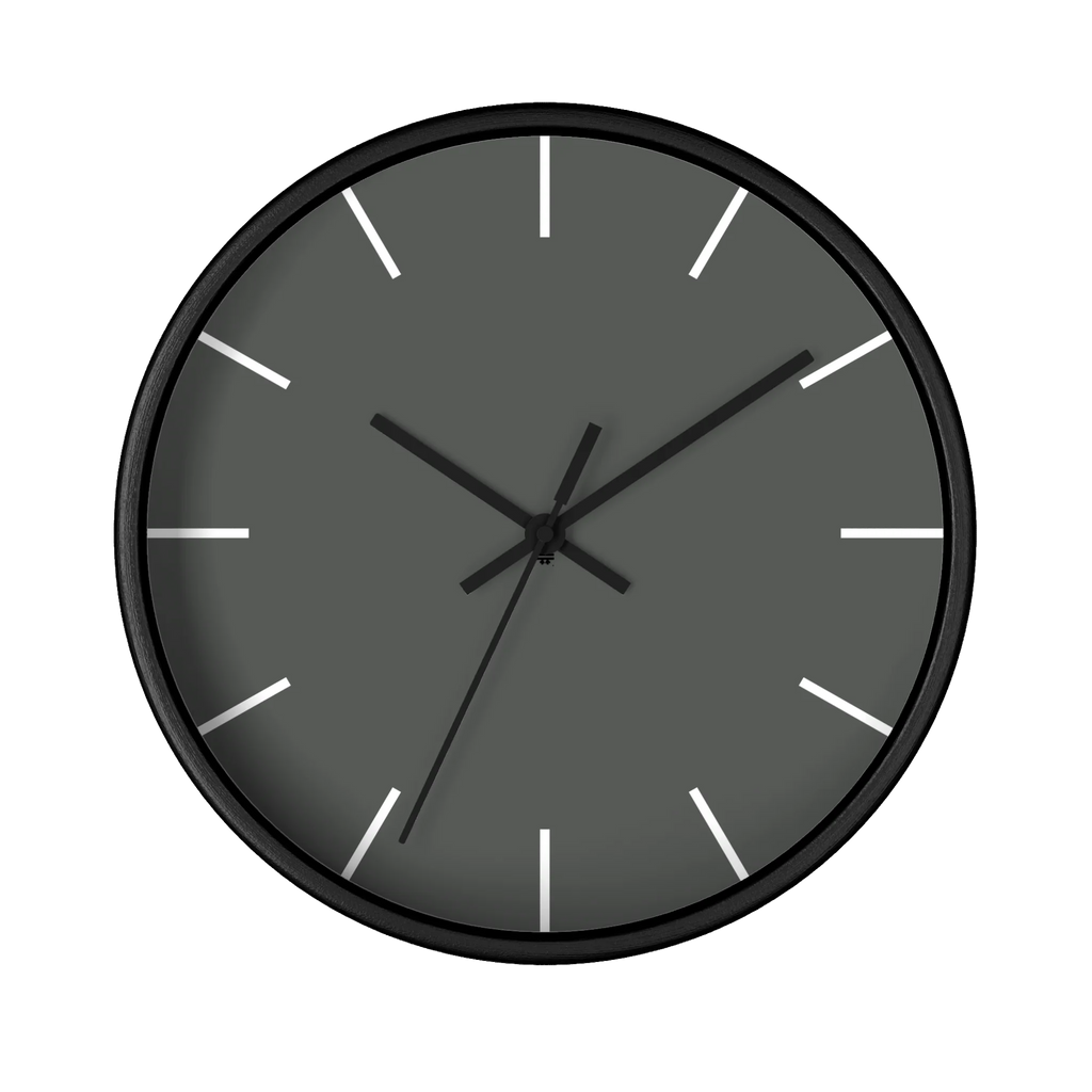 Atomic grey silent wall clock, black base, black hands, white markers, 10 inch, front view.