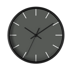 Atomic grey silent wall clock, black base, black hands, white markers, 10 inch, front view.