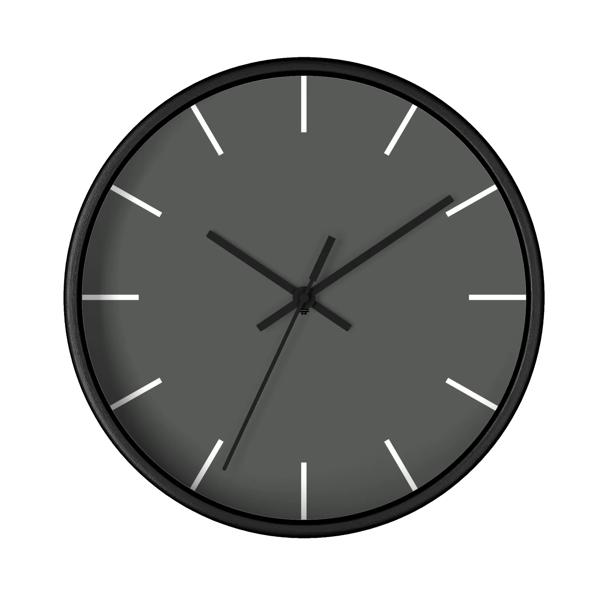 Atomic grey silent wall clock, black base, black hands, white markers, 10 inch, front view.