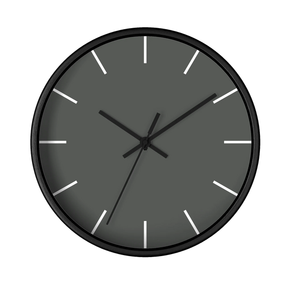 Atomic grey silent wall clock, black base, black hands, white markers, 10 inch, front view.