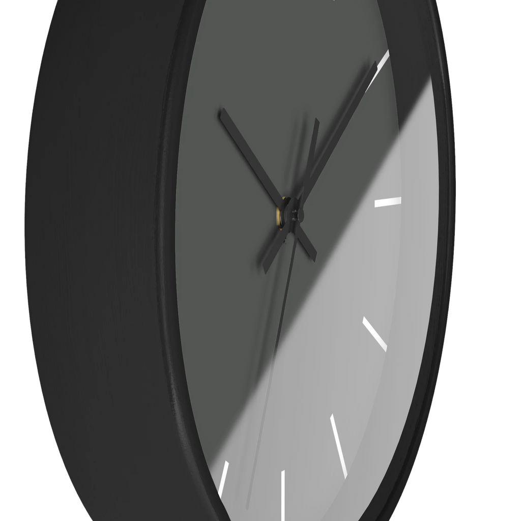 Atomic grey silent wall clock, black base, black hands, white markers, 10 inch, side view.