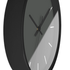 Atomic grey silent wall clock, black base, black hands, white markers, 10 inch, side view.