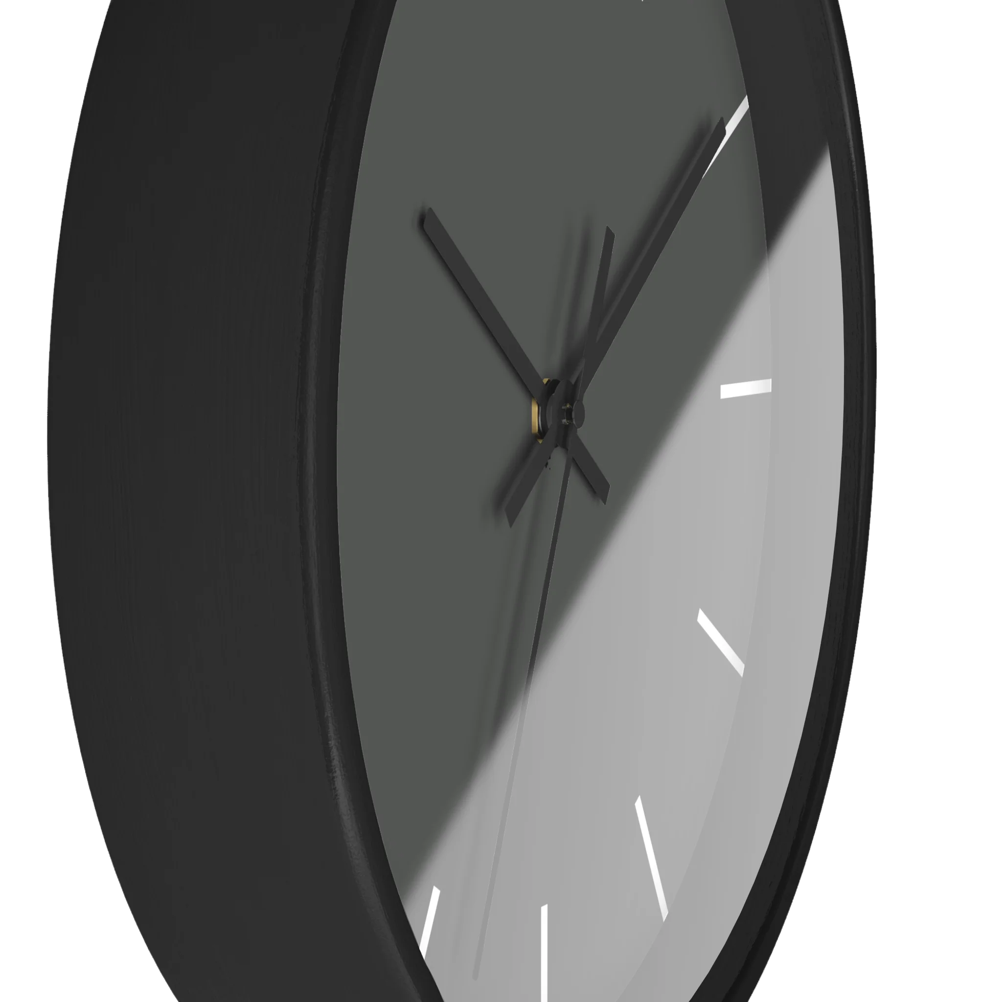 Atomic grey silent wall clock, black base, black hands, white markers, 10 inch, side view.