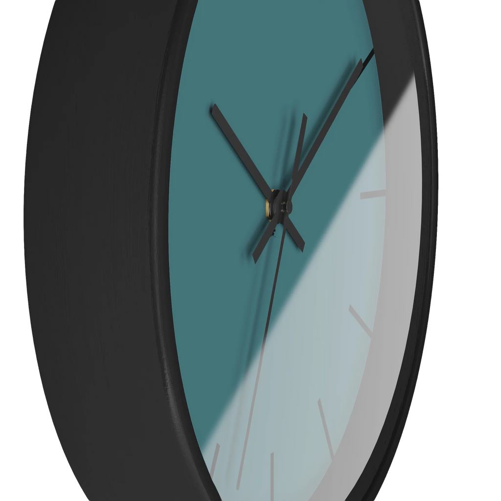 Bismark teal silent wall clock, black base, black hands, black markers, 10 inch, side view.