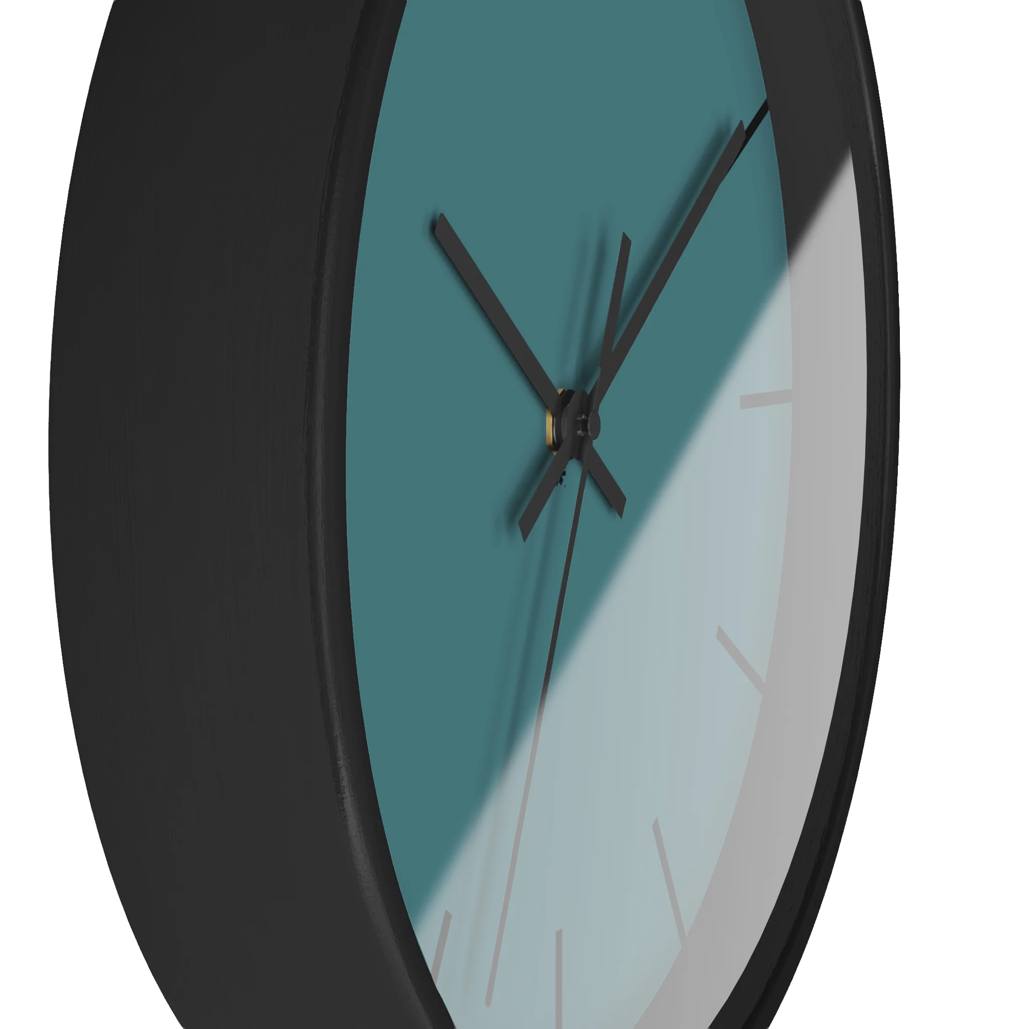 Bismark teal silent wall clock, black base, black hands, black markers, 10 inch, side view.