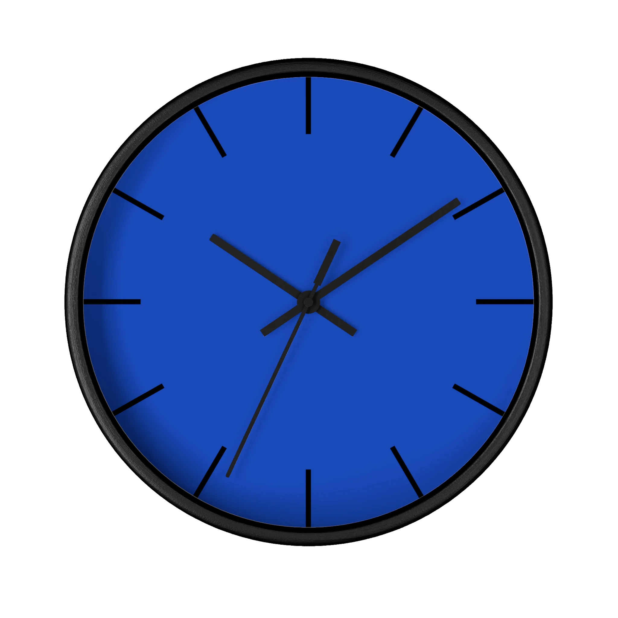 Blue silent wall clock, black base, black hands, black markers, 10 inch, front view.
