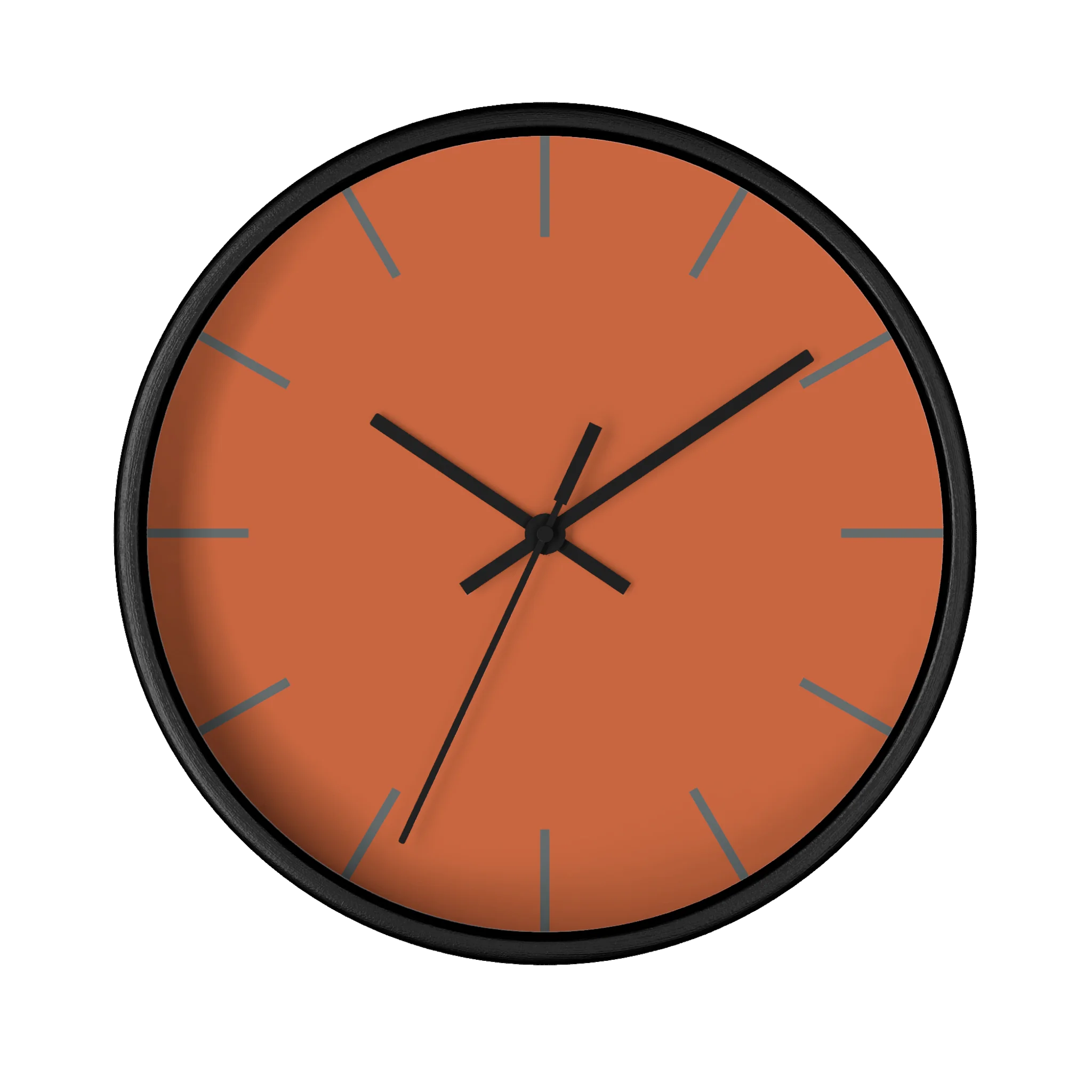 Boho rust orange silent wall clock, black base, black hands, light grey markers, 10 inch, front view.