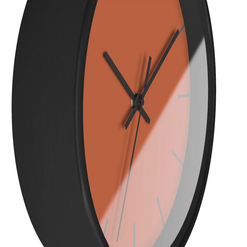 Boho rust orange silent wall clock, black base, black hands, light grey markers, 10 inch, side view.