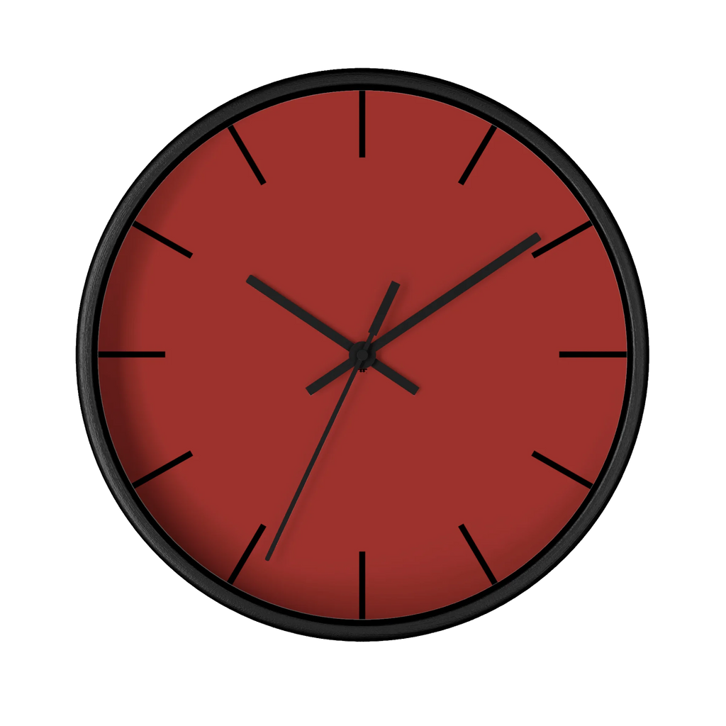 Brownish red silent wall clock, black base, black hands, black markers, 10 inch, front view.