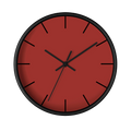 Brownish red silent wall clock, black base, black hands, black markers, 10 inch, front view.