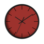 Brownish red silent wall clock, black base, black hands, black markers, 10 inch, front view.