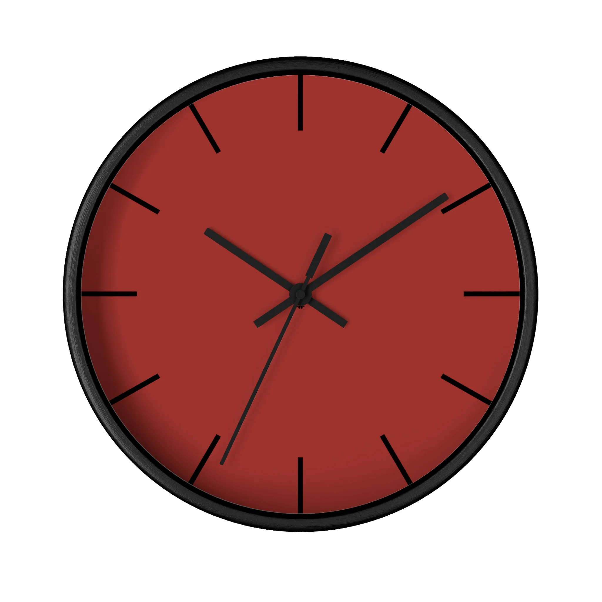 Brownish red silent wall clock, black base, black hands, black markers, 10 inch, front view.