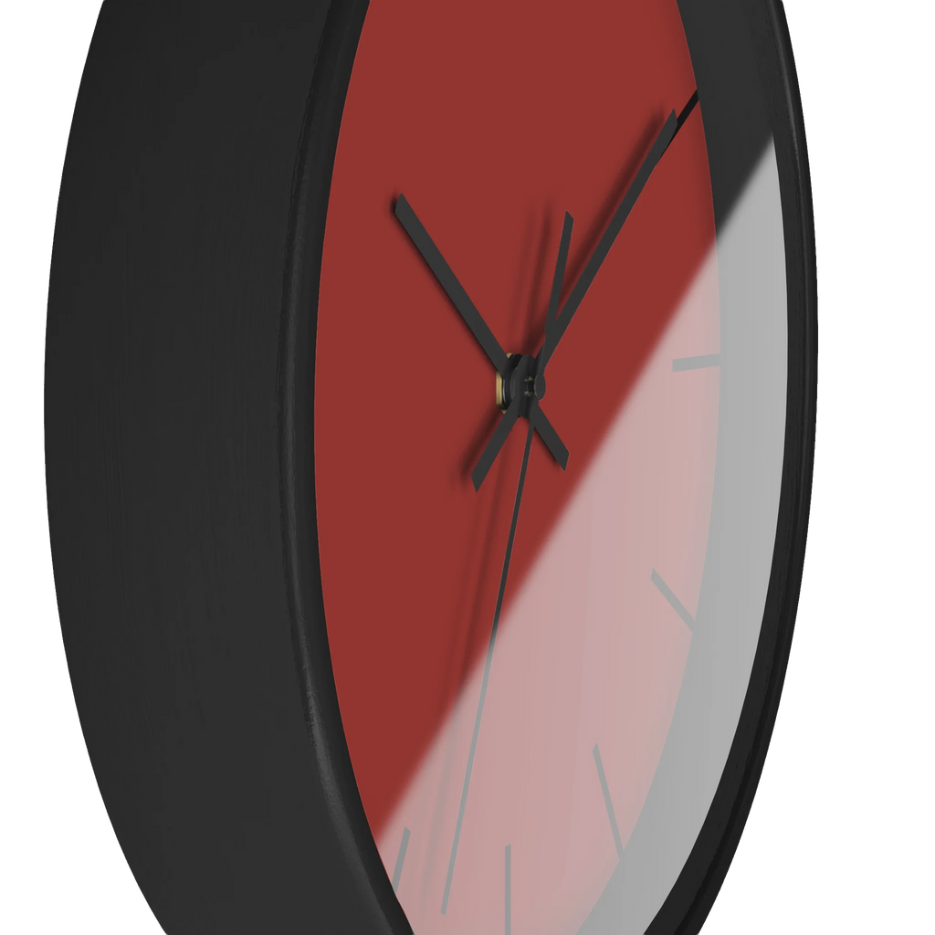 Brownish red silent wall clock, black base, black hands, black markers, 10 inch, side view.